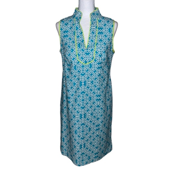 NWT Eliza J Turquoise Blue & Lime Green Sleeveless Retro Mod Print Dress - 6 - Picture 1 of 12